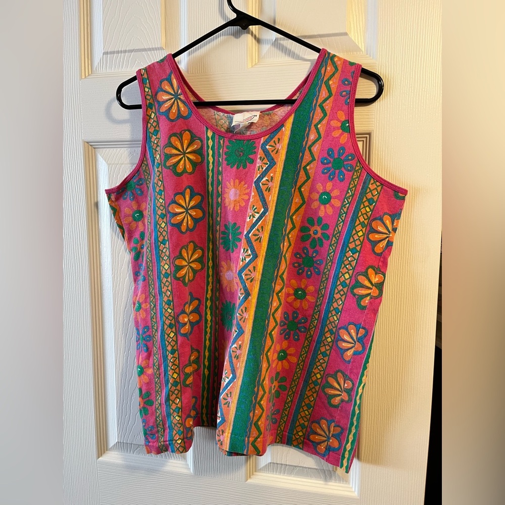 Pinwheels Women’s Vintage Multicolored Floral Boho Sleeveless Shirt Size L